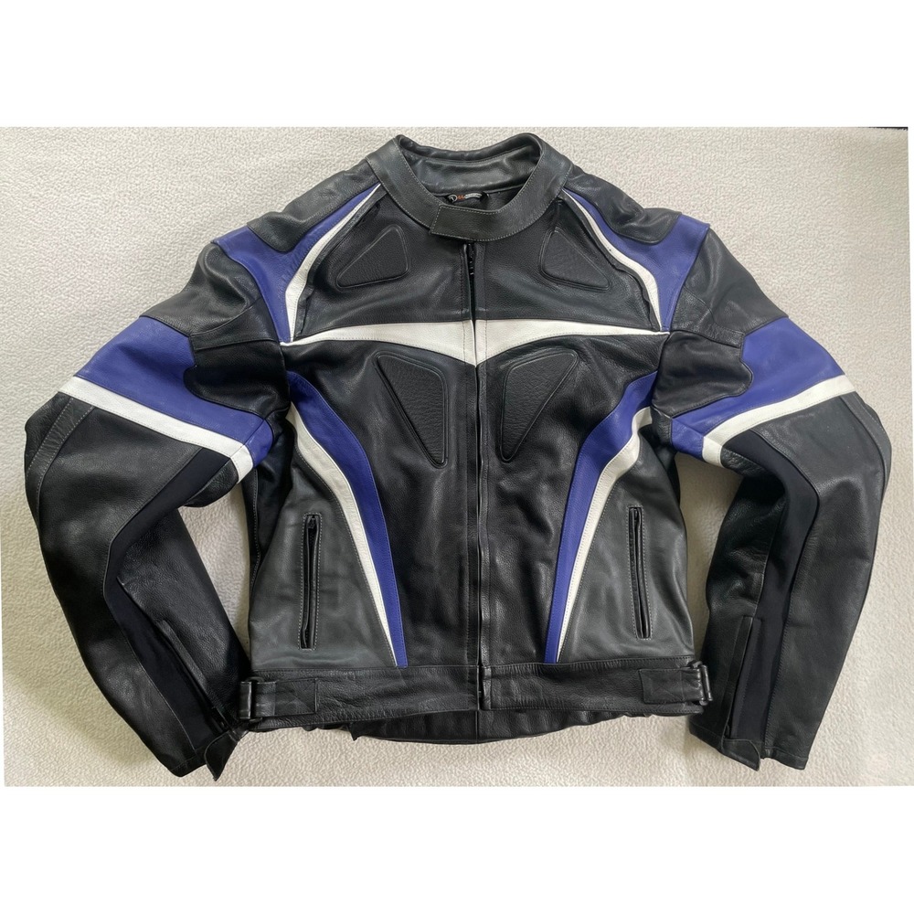Fieldsheer‎ Mens 44 Motorcycle Jacket Black Blue White Padded Leather Racing